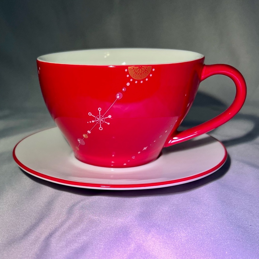 Starbucks Holiday 2006 Red White Christmas Tree Coffee Cup Mug With Saucer